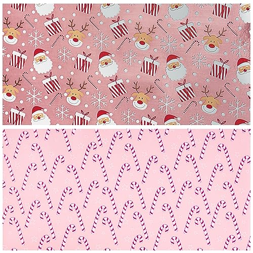 LeZakaa Reversible Christmas Wrapping Paper Roll - Metallic Foil with Santa Claus & Candy Cane in Pink - 17 inches x 32.8 Feet (46.45 sq.ft.)