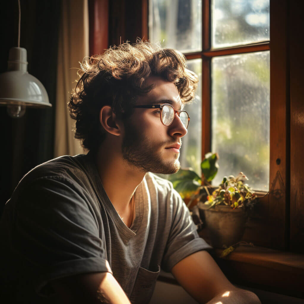 a young man next to a window