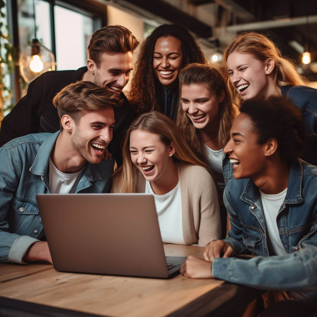 several young girls and boys with a laptop